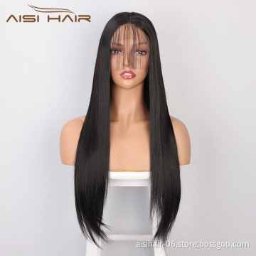 Aisi Hair Long Natural Straight Black Wig With Baby Hair Bangs Swiss Lace Wig Synthetic Lace Frontal Hair Wigs For Black Women